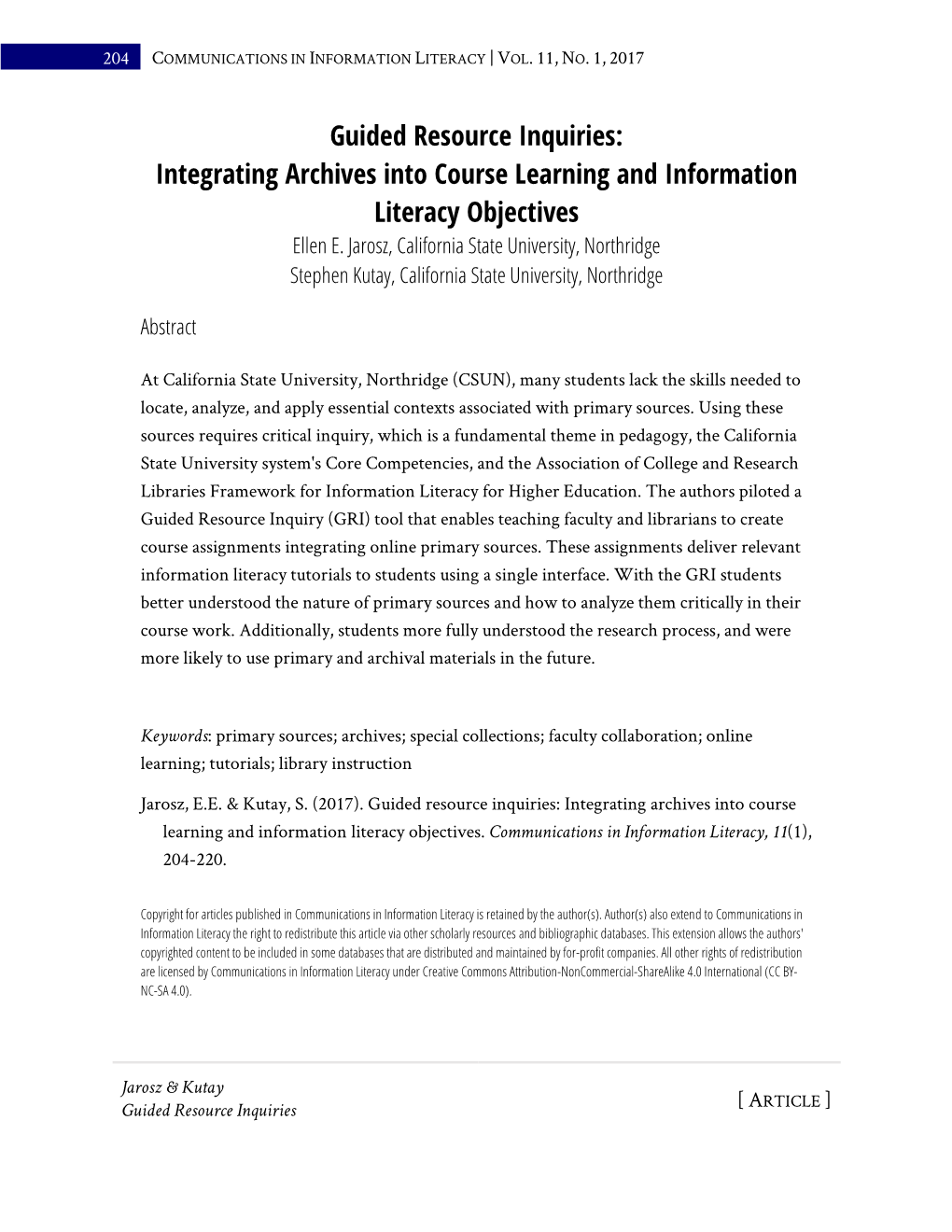 Integrating Archives Into Course Learning and Information Literacy Objectives Ellen E