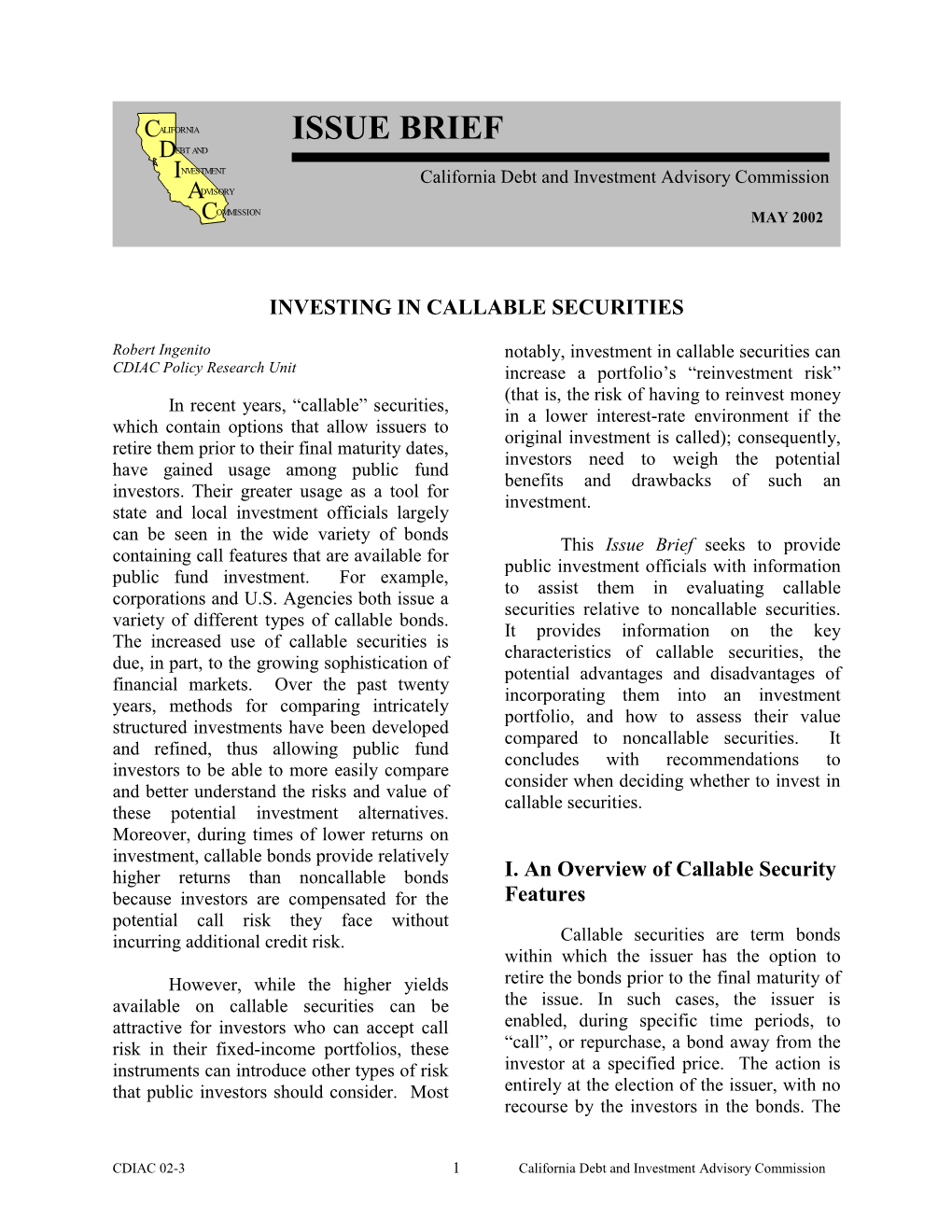 Investing in Callable Securities Issue Brief