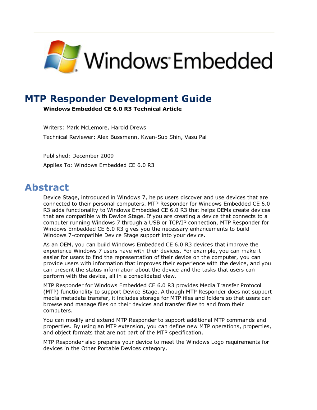 MTP Responder Development Guide Windows Embedded CE 6.0 R3 Technical Article