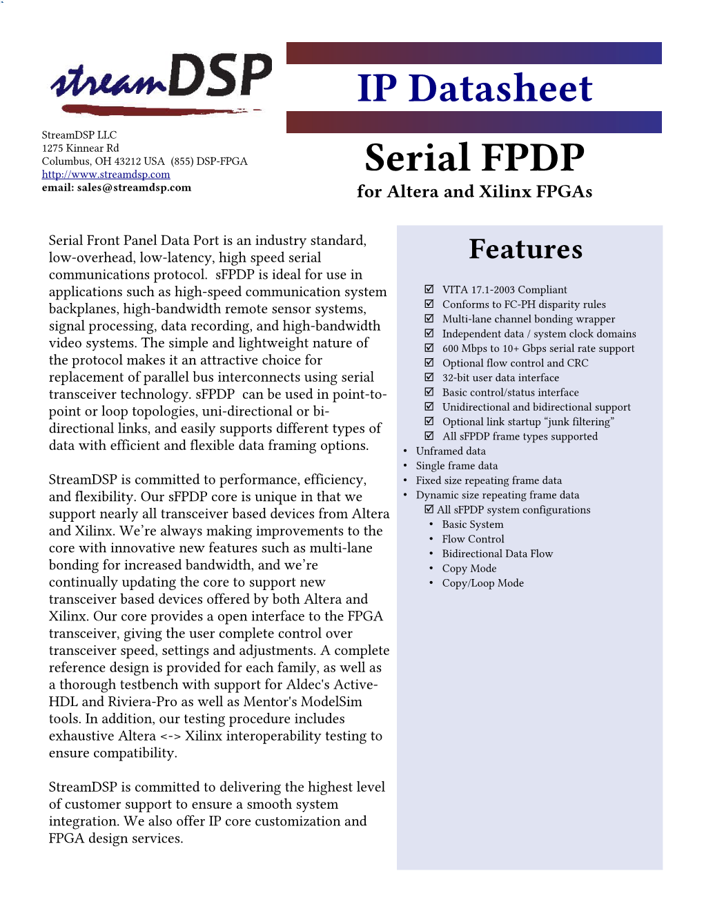 Sfpdp IP Datasheet