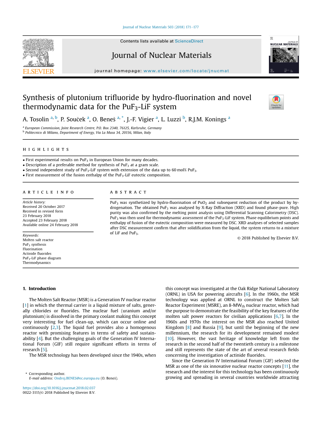 Synthesis of Plutonium Trifluoride by Hydro-Fluorination and Novel