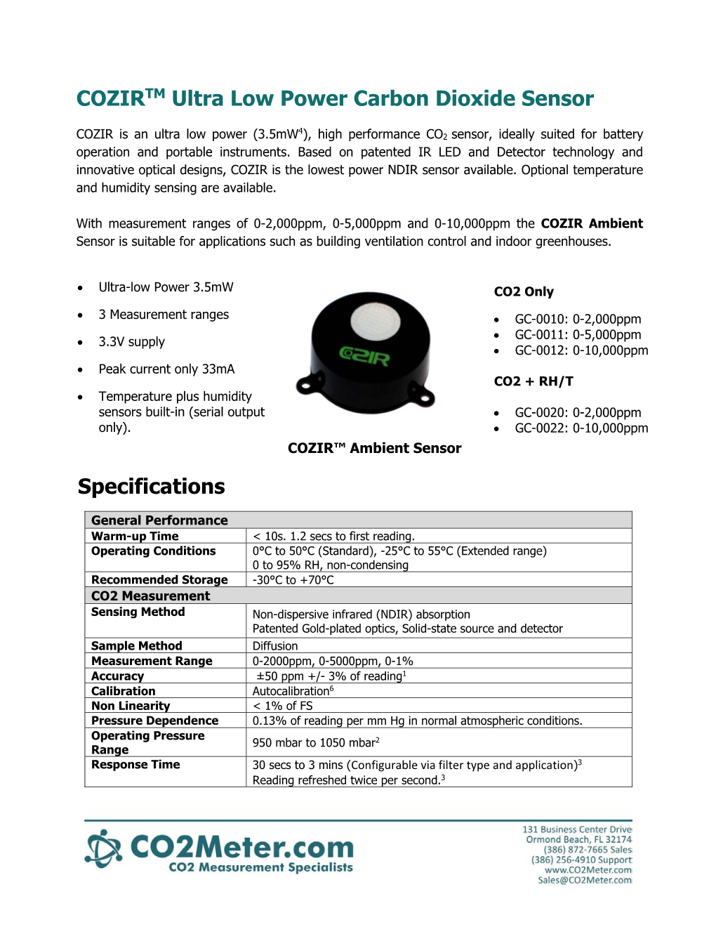 COZIRTM Ultra Low Power Carbon Dioxide Sensor Specifications