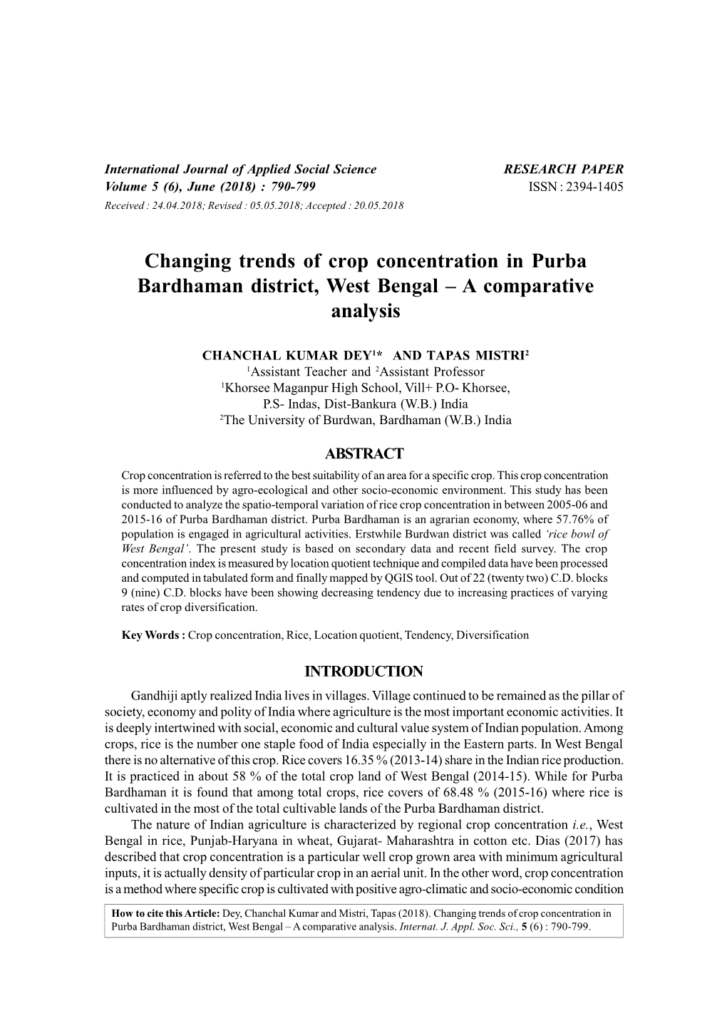 Changing Trends of Crop Concentration in Purba Bardhaman District, West Bengal – a Comparative Analysis