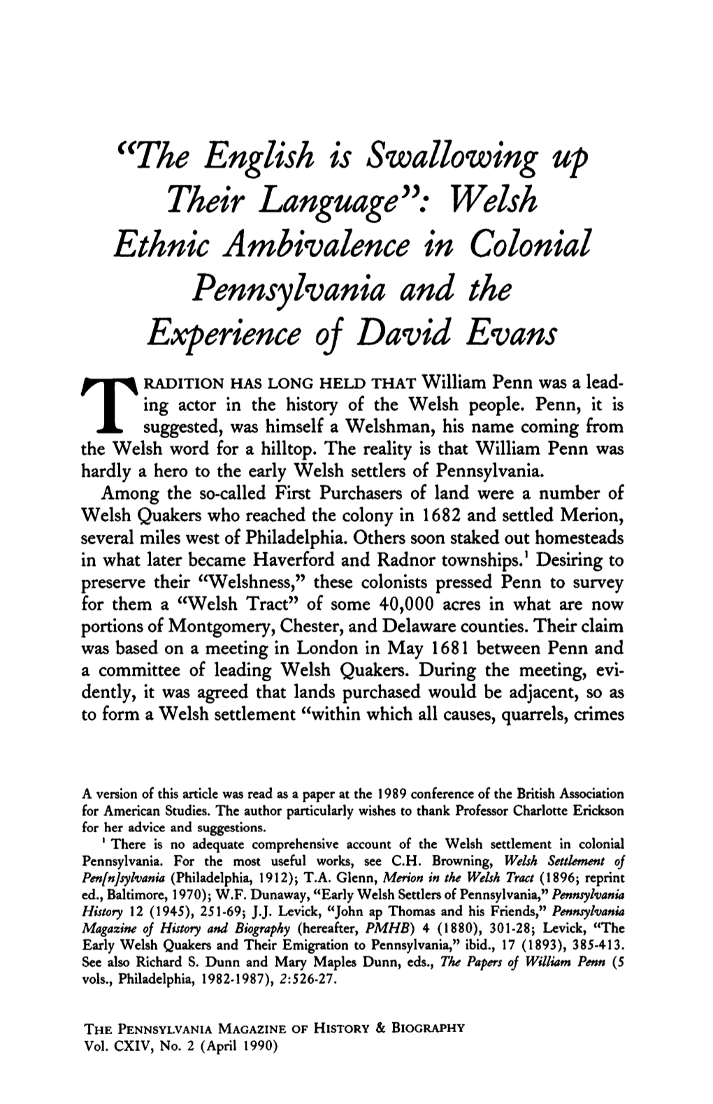 Welsh Ethnic Ambivalence in Colonial Pennsylvania and the Experience Oj David Evans