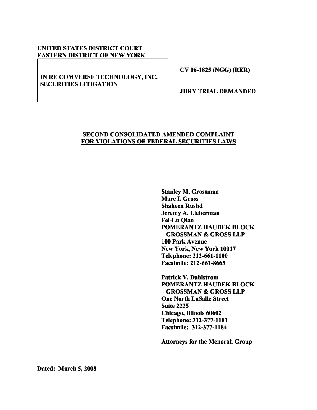 In Re Comverse Technology, Inc. Securities Litigation 06-CV-01825