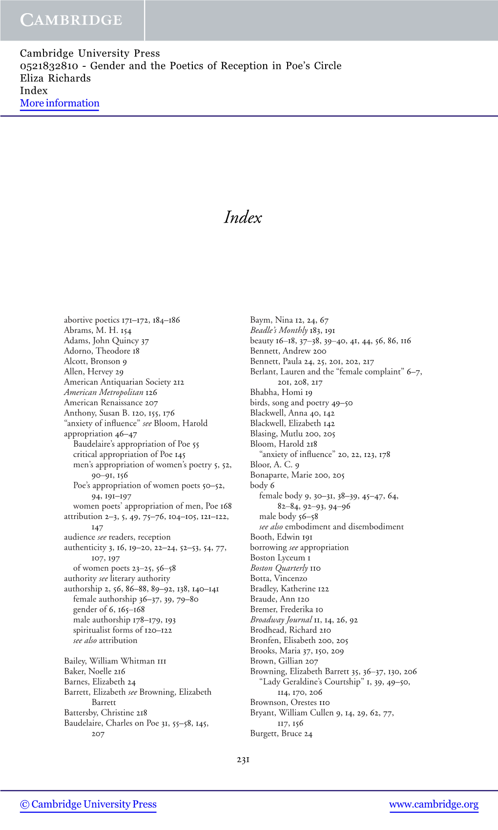 Gender and the Poetics of Reception in Poe’S Circle Eliza Richards Index More Information