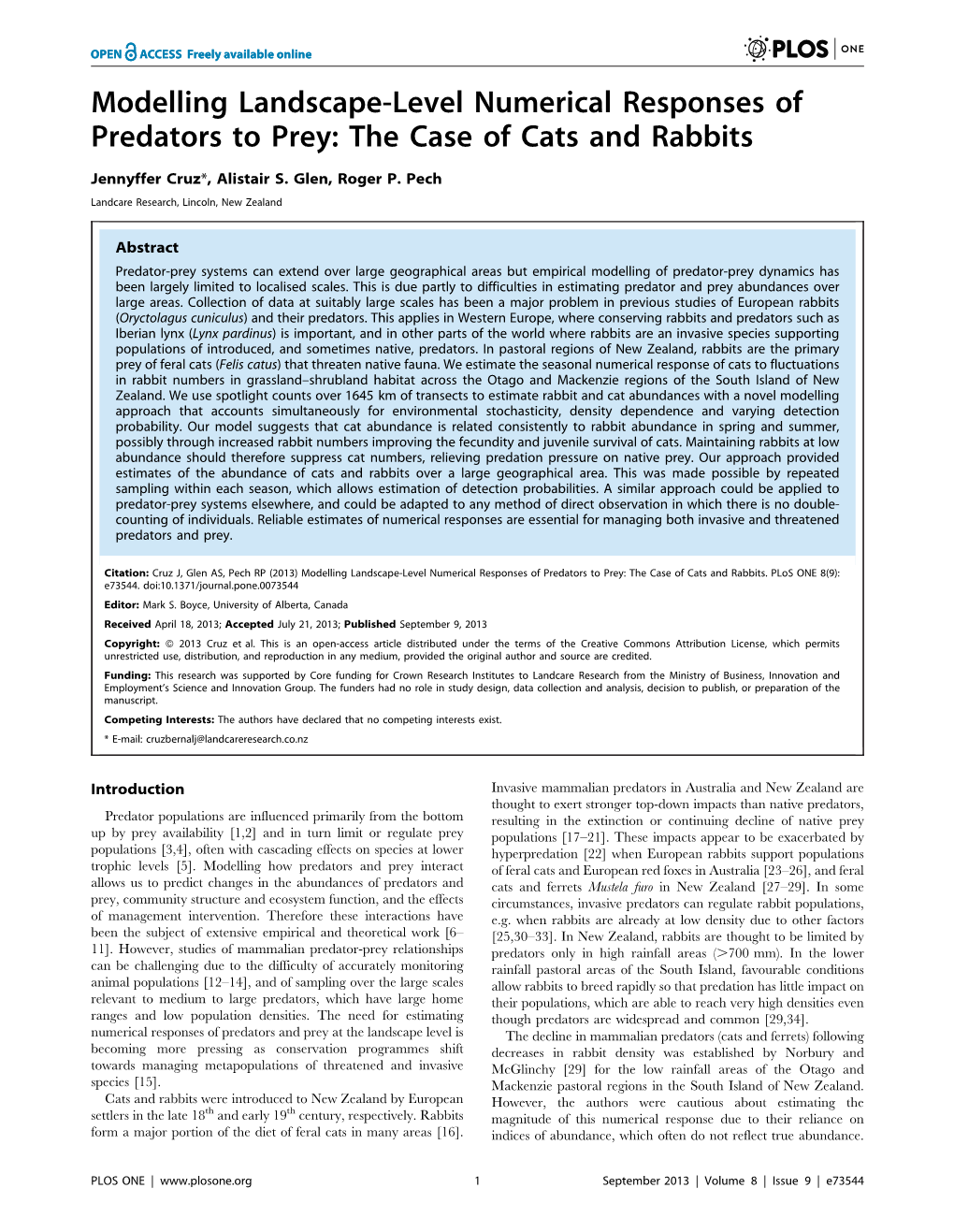 Modelling Landscape-Level Numerical Responses of Predators to Prey: the Case of Cats and Rabbits