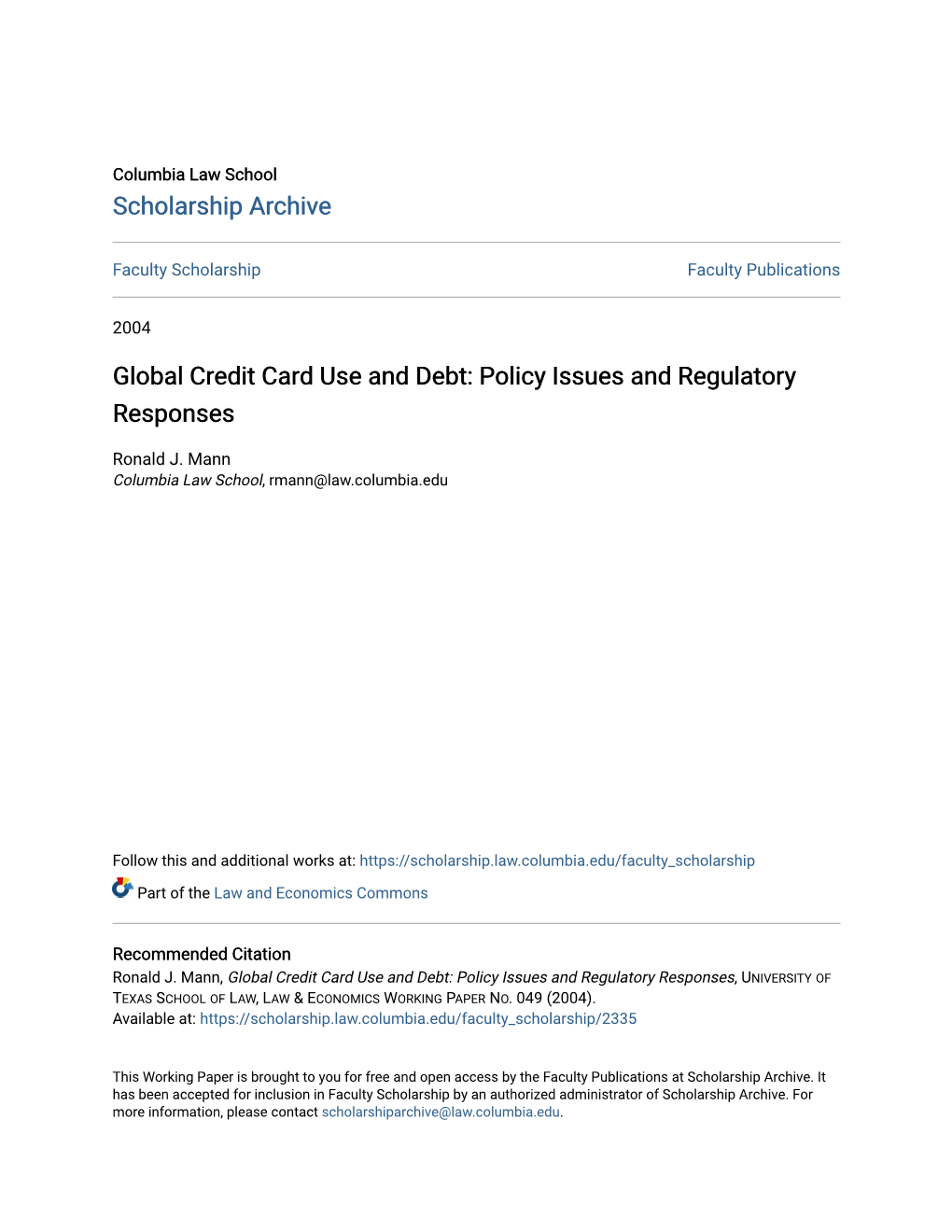 Global Credit Card Use and Debt: Policy Issues and Regulatory Responses