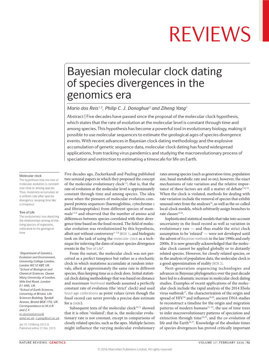 Bayesian Molecular Clock Dating of Species Divergences in the Genomics Era