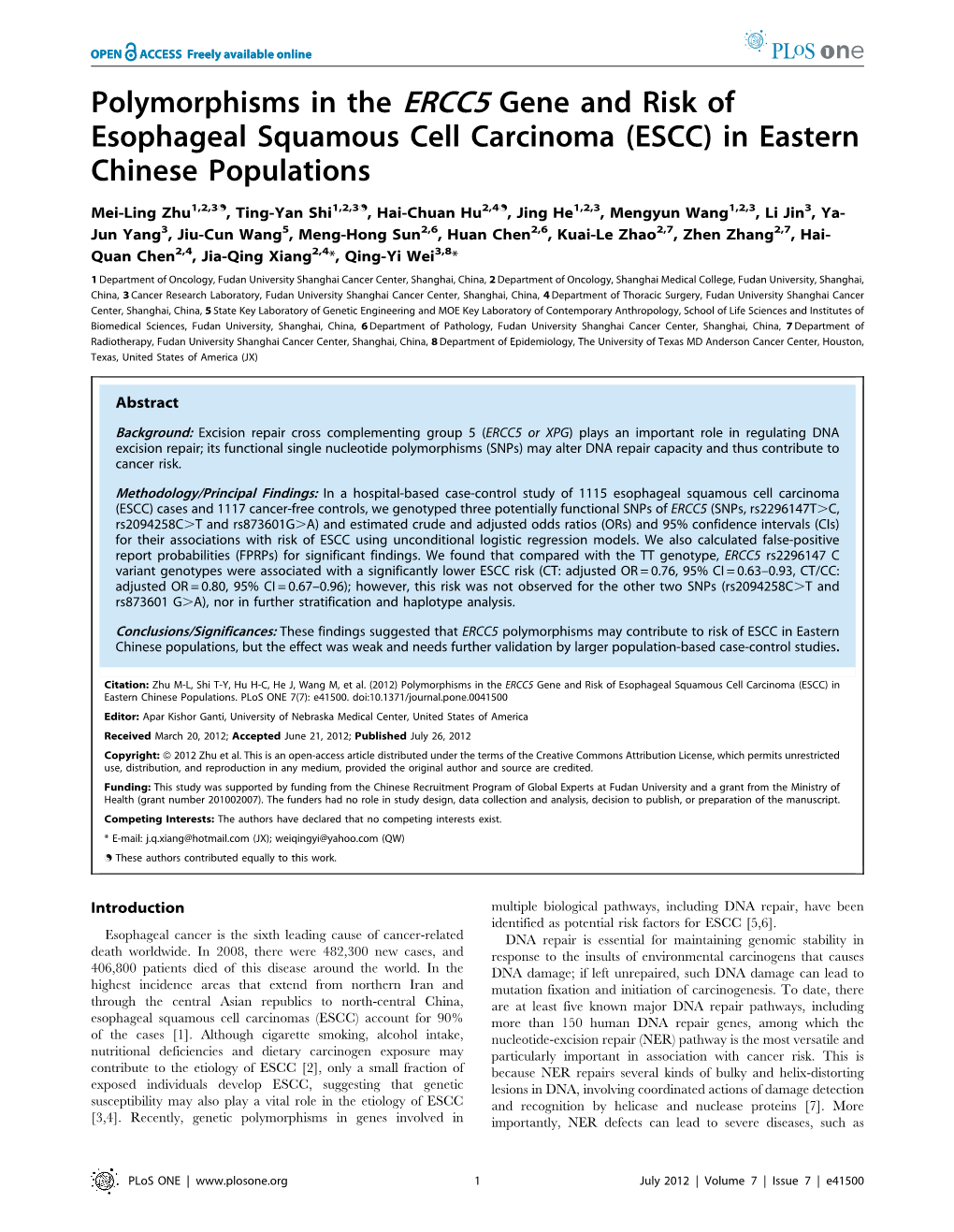 Polymorphisms in the ERCC5 Gene and Risk of Esophageal Squamous Cell Carcinoma (ESCC) in Eastern Chinese Populations