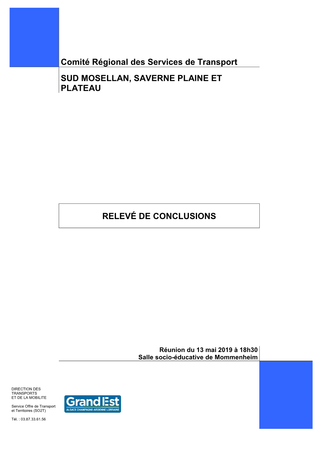 Comité Régional Des Services De Transport SUD MOSELLAN, SAVERNE PLAINE ET PLATEAU RELEVÉ DE CONCLUSIONS