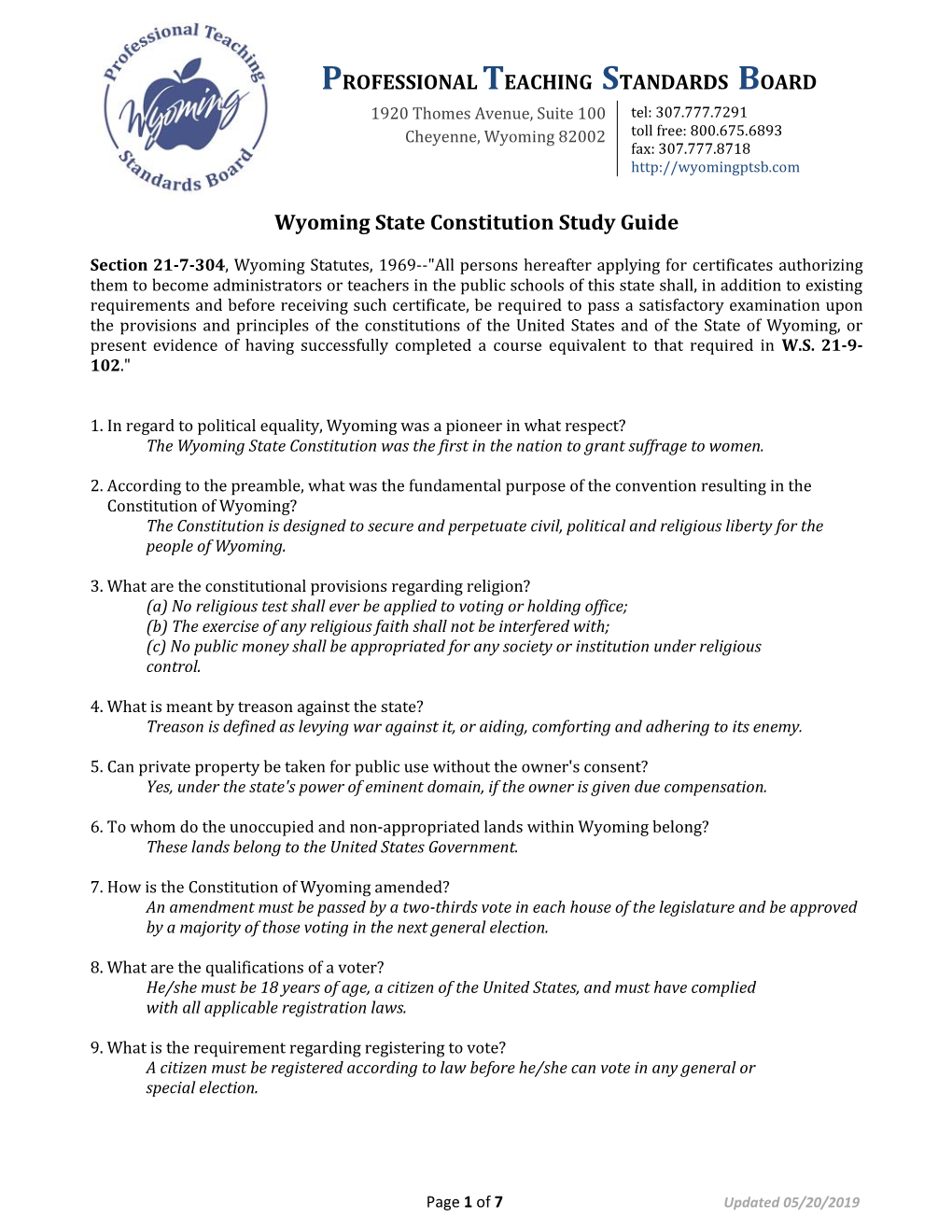 WY Constitution Study Guide