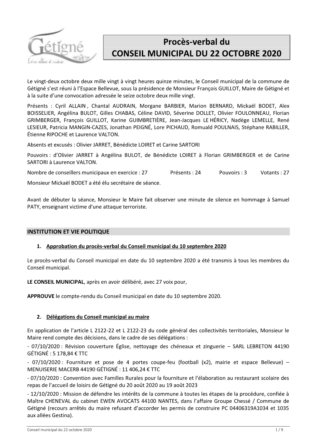 Procès-Verbal Du CONSEIL MUNICIPAL DU 22 OCTOBRE 2020