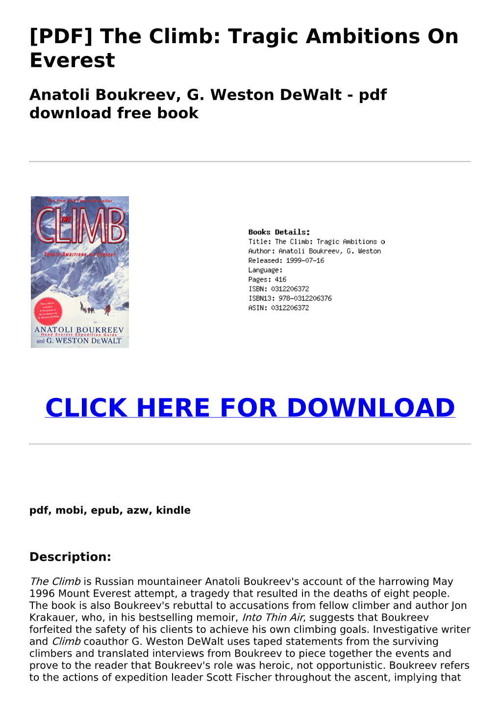 PDF the Climb: Tragic Ambitions on Everest Anatoli Boukreev, G