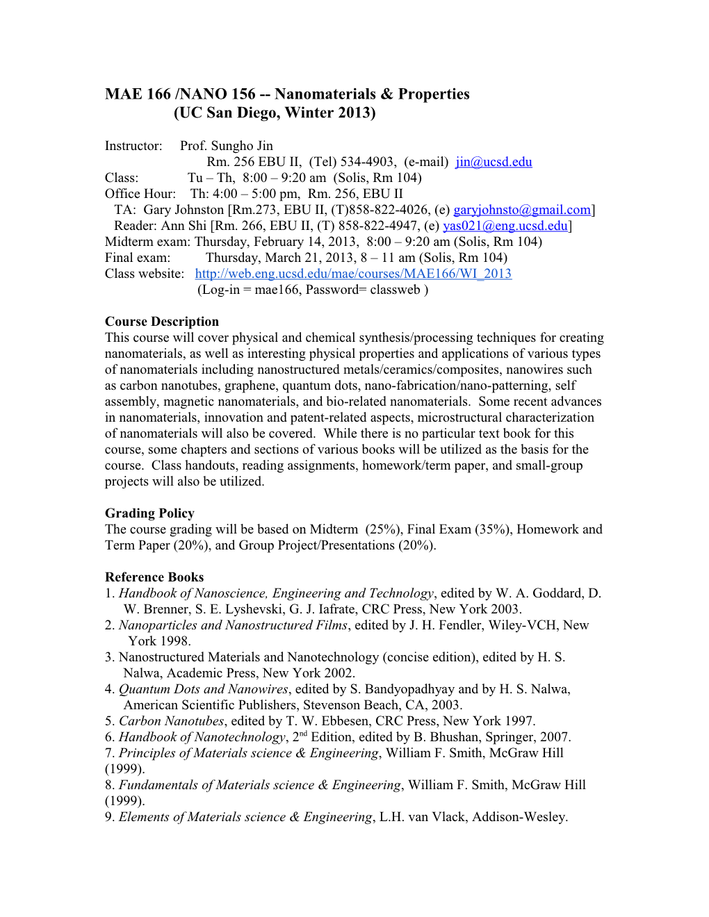 MATS 253/MAE 267 Nanomaterials & Properties