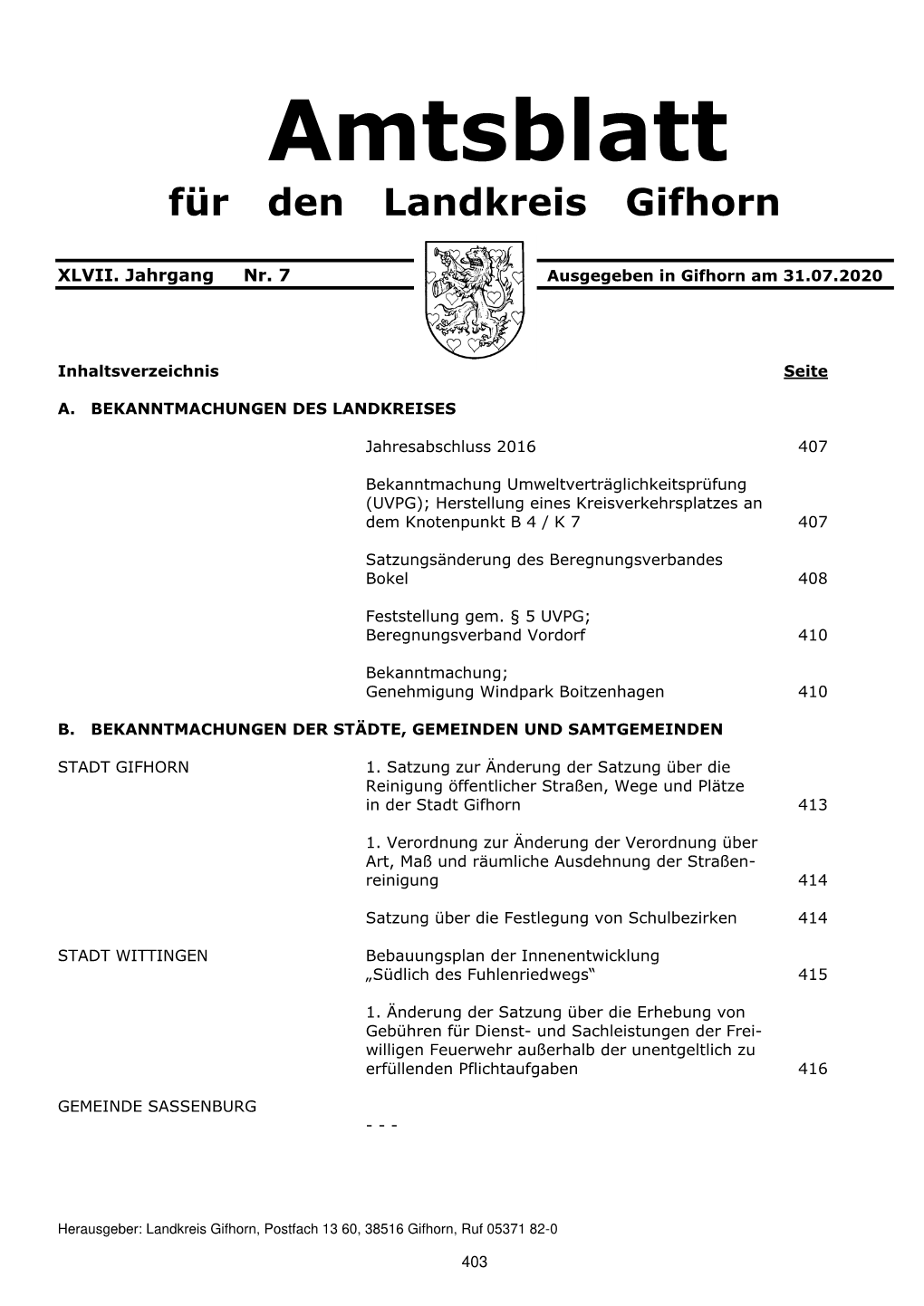 Amtsblatt Für Den Landkreis Gifhorn