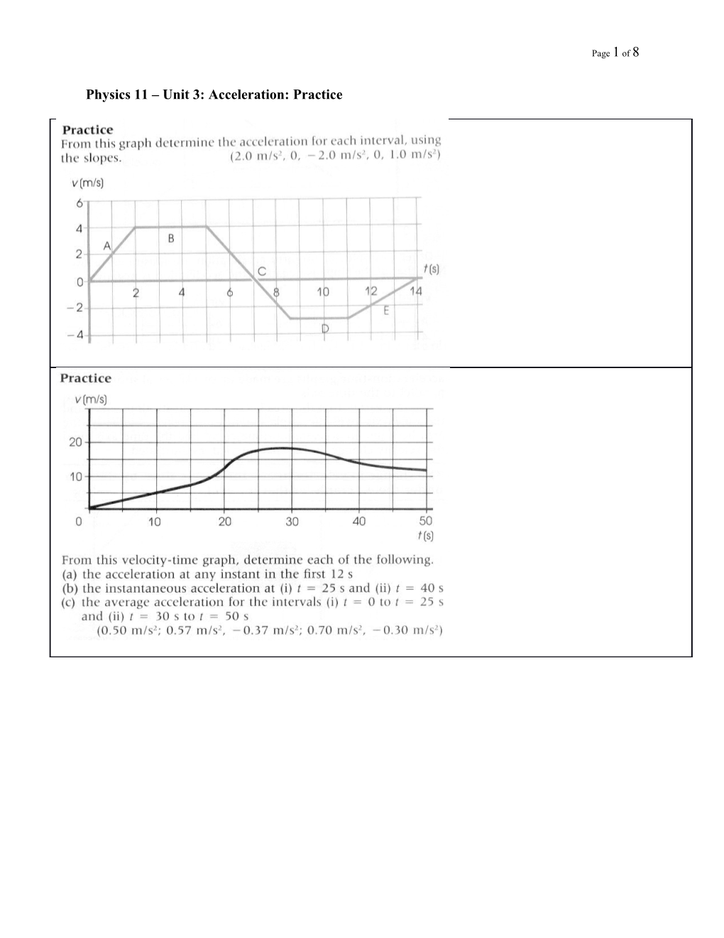 Physics 11 Unit 3: Acceleration: Practice