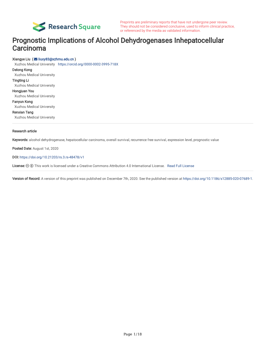 Prognostic Implications of Alcohol Dehydrogenases Inhepatocellular Carcinoma