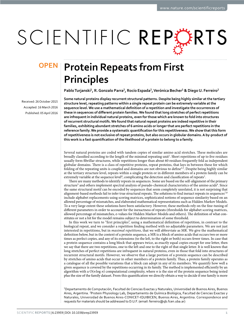 Protein Repeats from First Principles Pablo Turjanski1, R