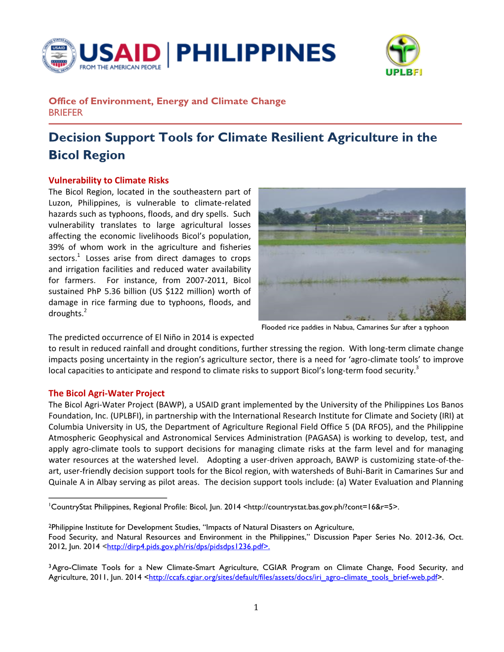 Decision Support Tools for Climate Resilient Agriculture in the Bicol Region