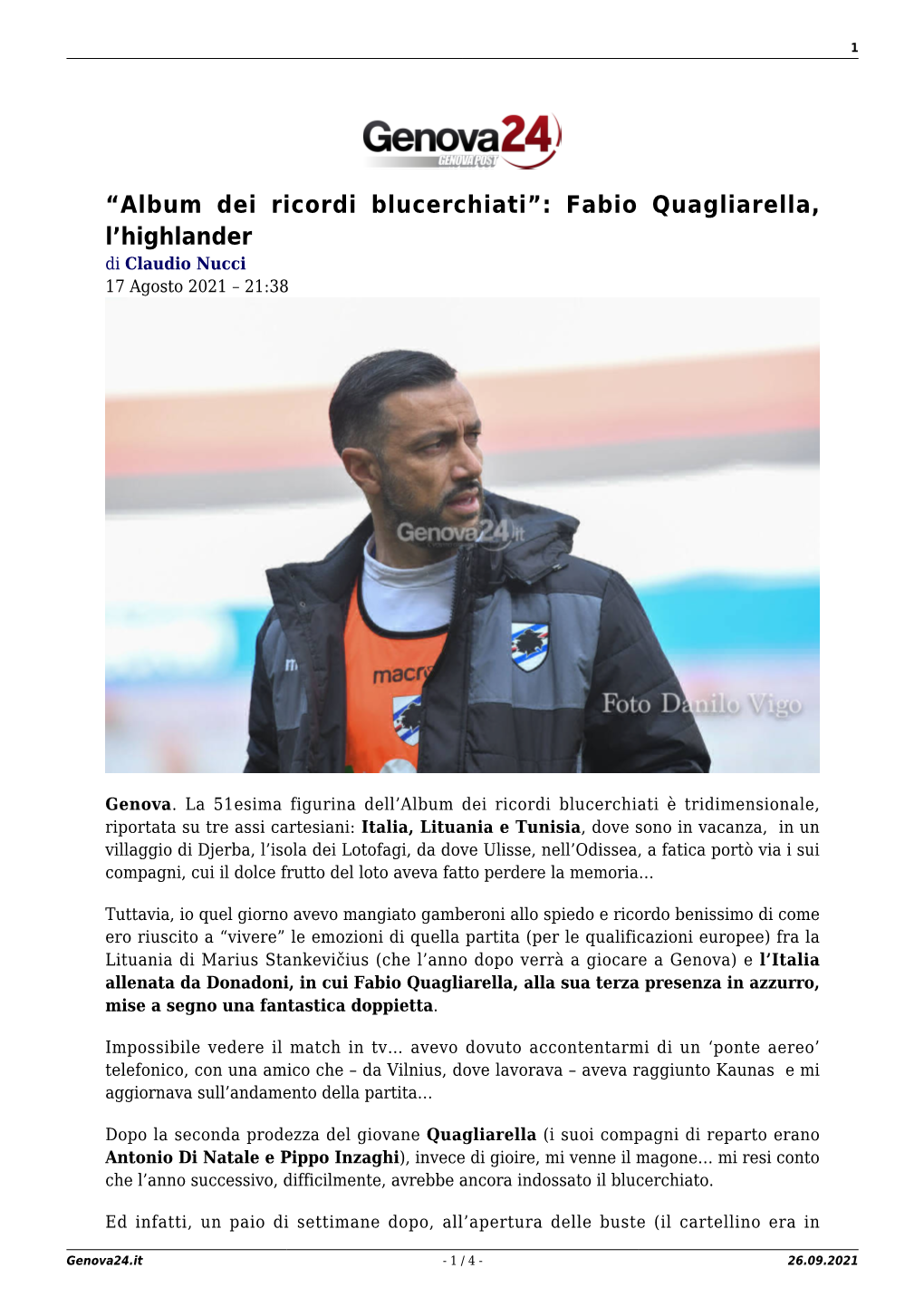 “Album Dei Ricordi Blucerchiati”: Fabio Quagliarella, L'highlander