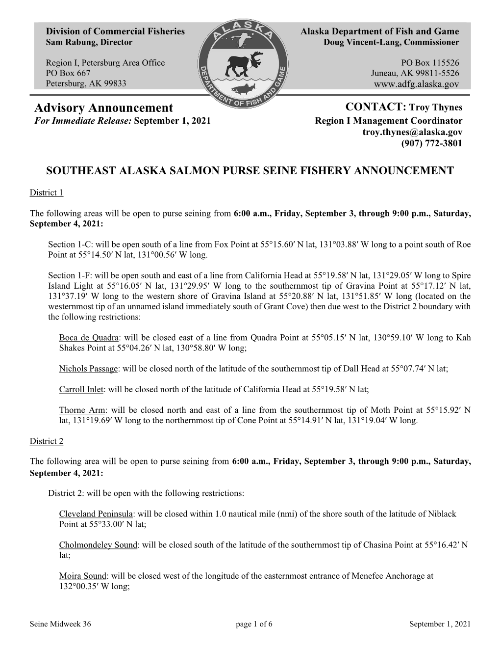 Southeast Alaska Salmon Purse Seine Fishery Announcement