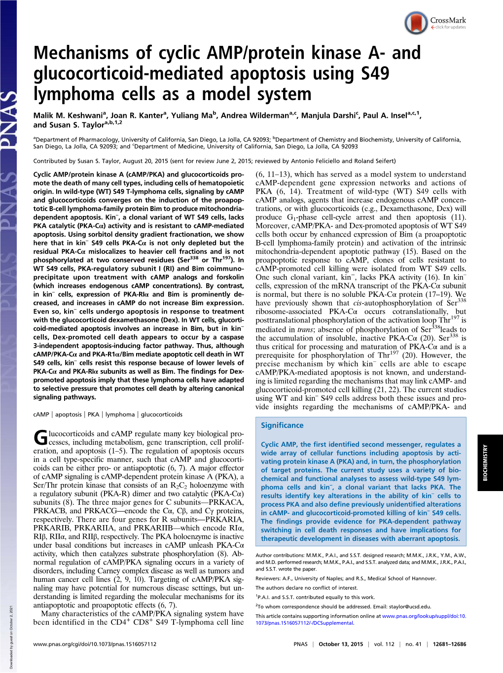 Mechanisms of Cyclic AMP/Protein Kinase A- and Glucocorticoid-Mediated Apoptosis Using S49 Lymphoma Cells As a Model System