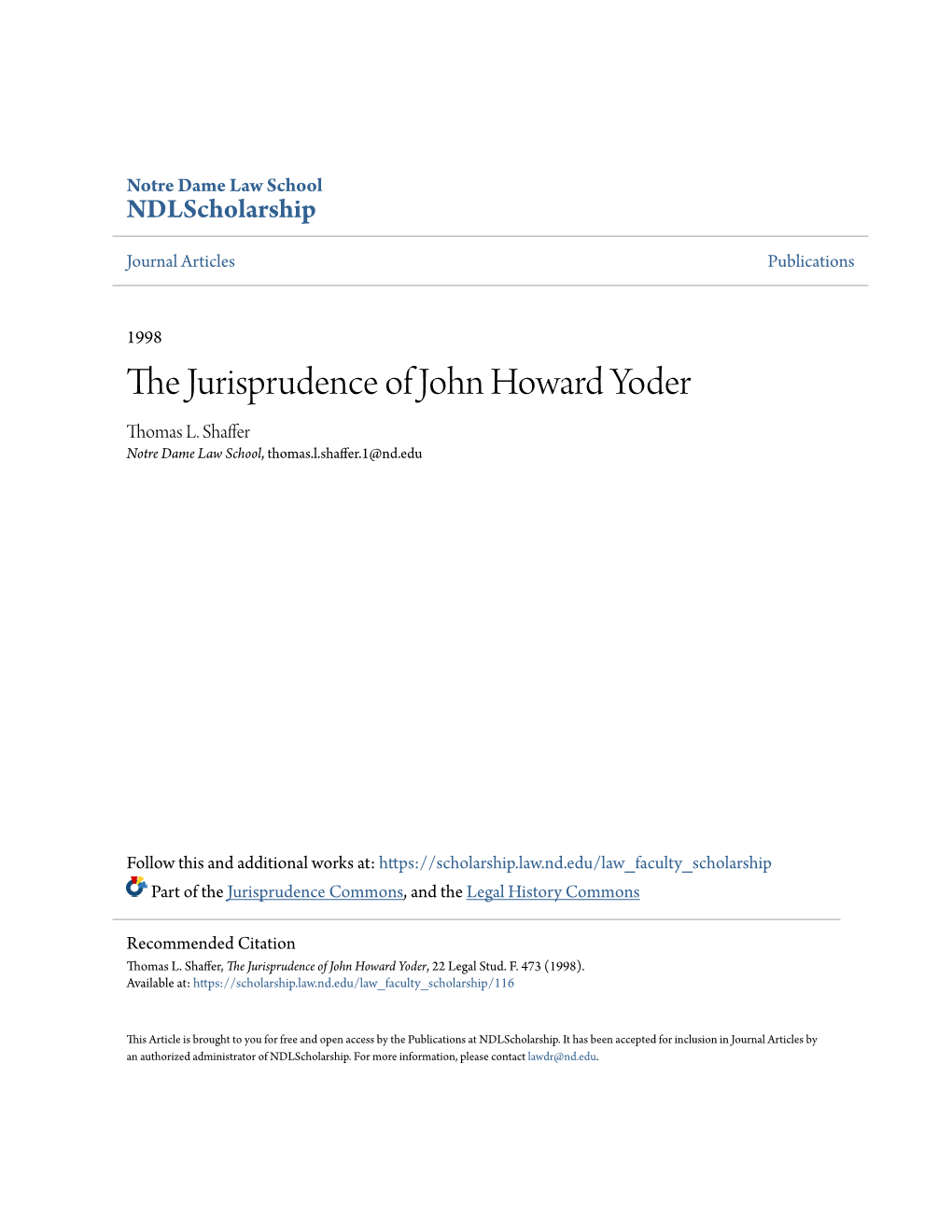 The Jurisprudence of John Howard Yoder, 22 Legal Stud