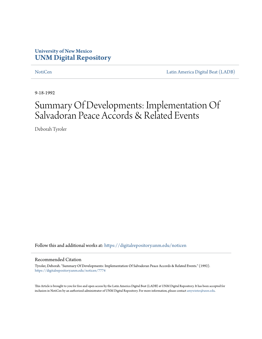 Summary of Developments: Implementation of Salvadoran Peace Accords & Related Events Deborah Tyroler