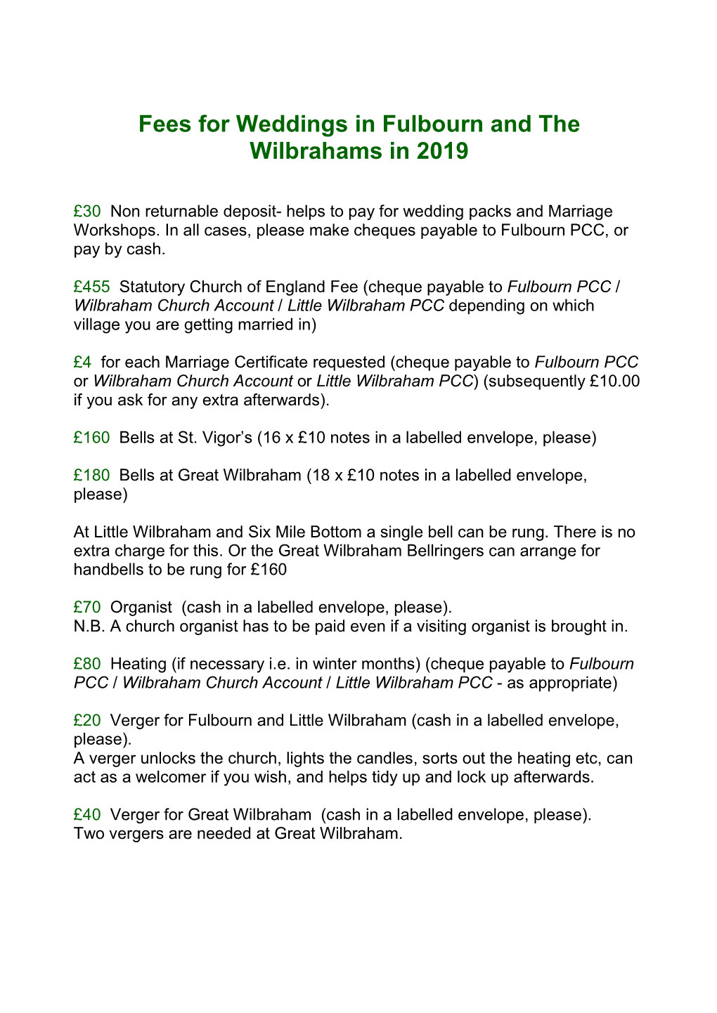 Fees for Weddings in Fulbourn and the Wilbrahams in 2019