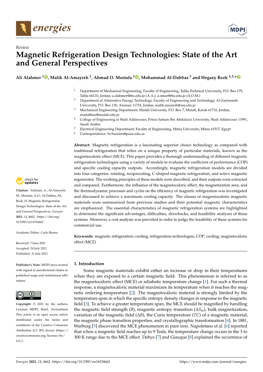 Magnetic Refrigeration Design Technologies: State of the Art and General Perspectives