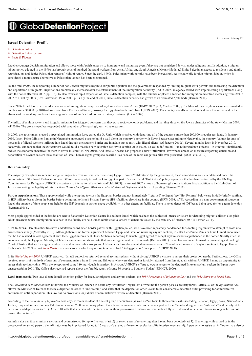 Israel Detention Profile Detention Policy Detention Infrastructure Facts & Figures