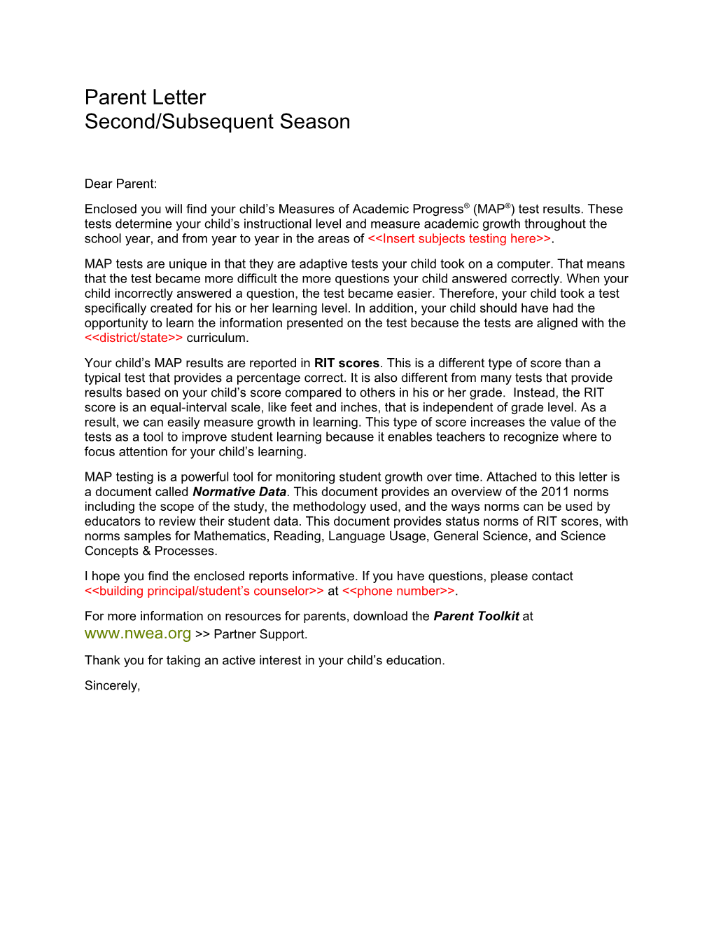 Parent Letter, Second/Subsequent Season