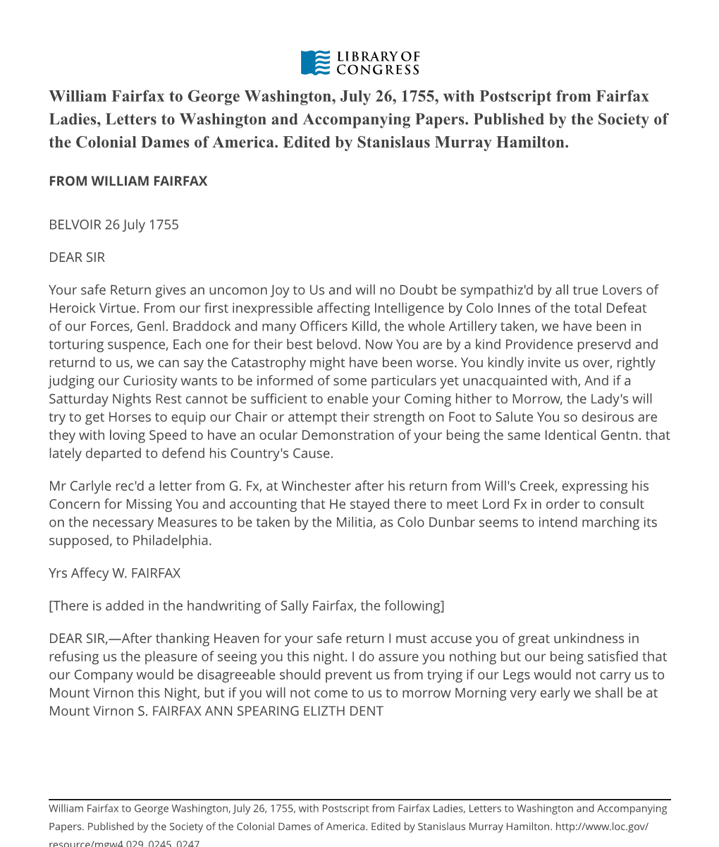 William Fairfax to George Washington, July 26, 1755, with Postscript from Fairfax Ladies, Letters to Washington and Accompanying Papers