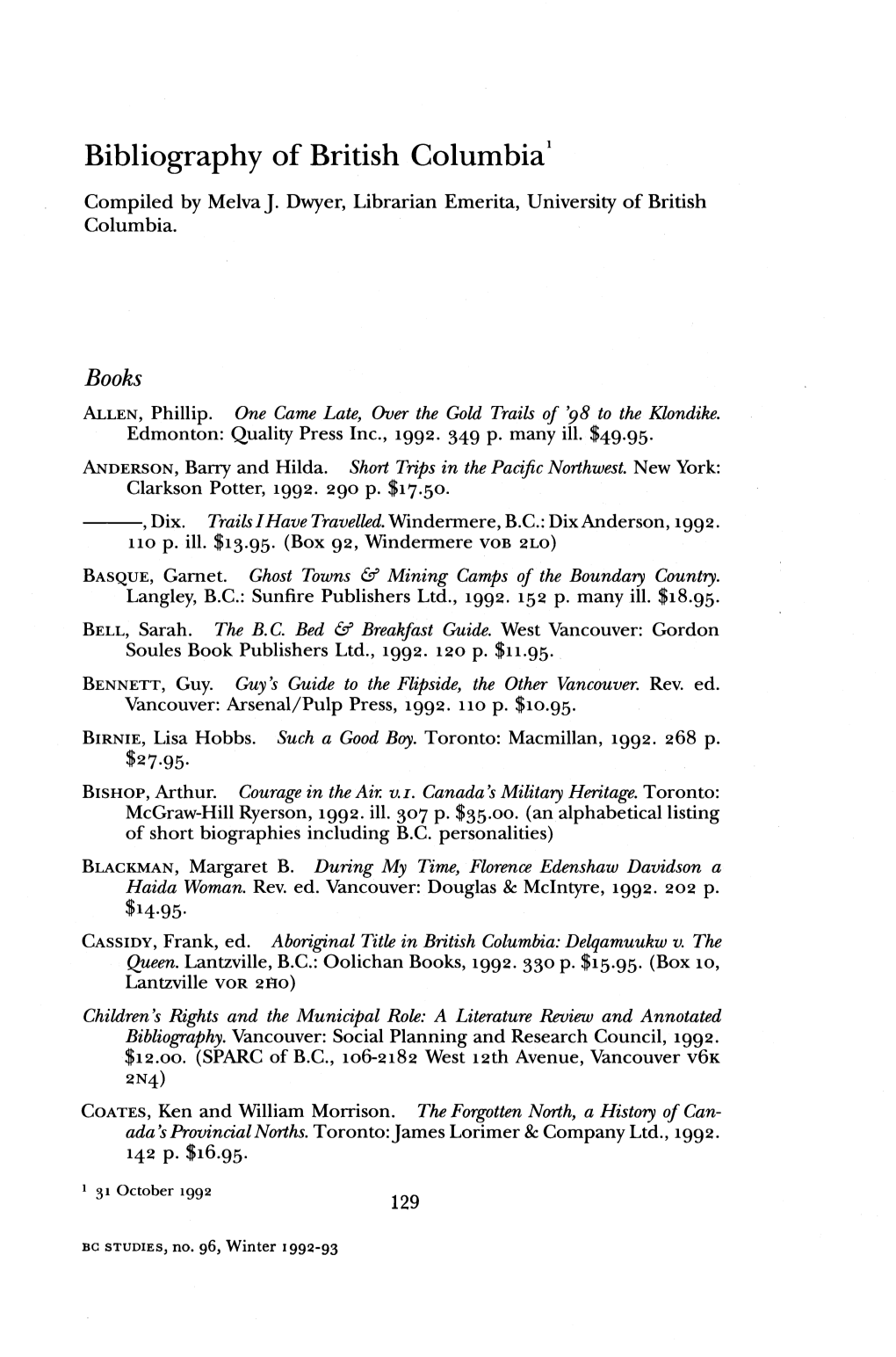 Bibliography of British Columbia1