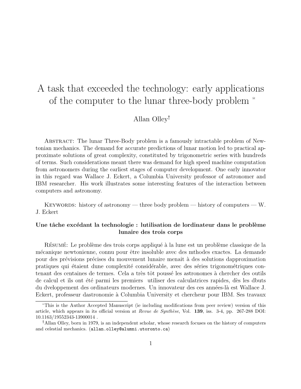 A Task That Exceeded the Technology: Early Applications of the Computer to the Lunar Three-Body Problem *