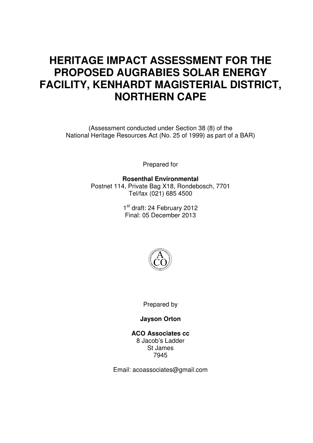 Heritage Impact Assessment for the Proposed Augrabies Solar Energy Facility, Kenhardt Magisterial District, Northern Cape