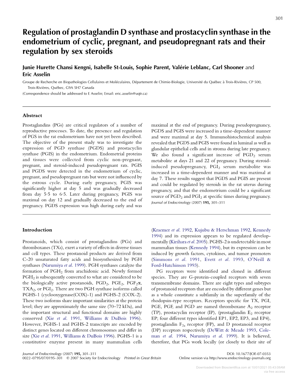 Regulation of Prostaglandin D Synthase and Prostacyclin Synthase in the Endometrium of Cyclic, Pregnant, and Pseudopregnant Rats and Their Regulation by Sex Steroids