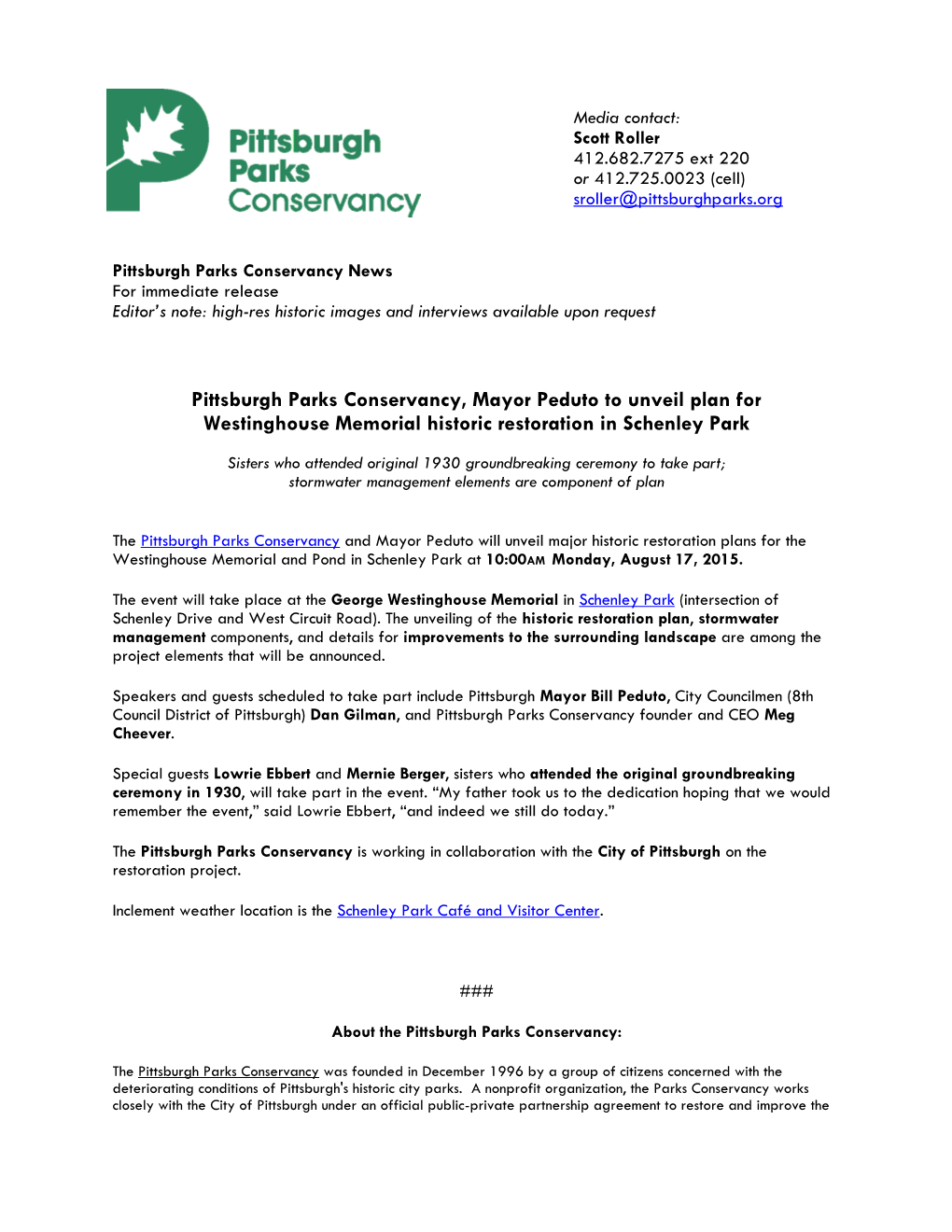 Pittsburgh Parks Conservancy, Mayor Peduto to Unveil Plan for Westinghouse Memorial Historic Restoration in Schenley Park