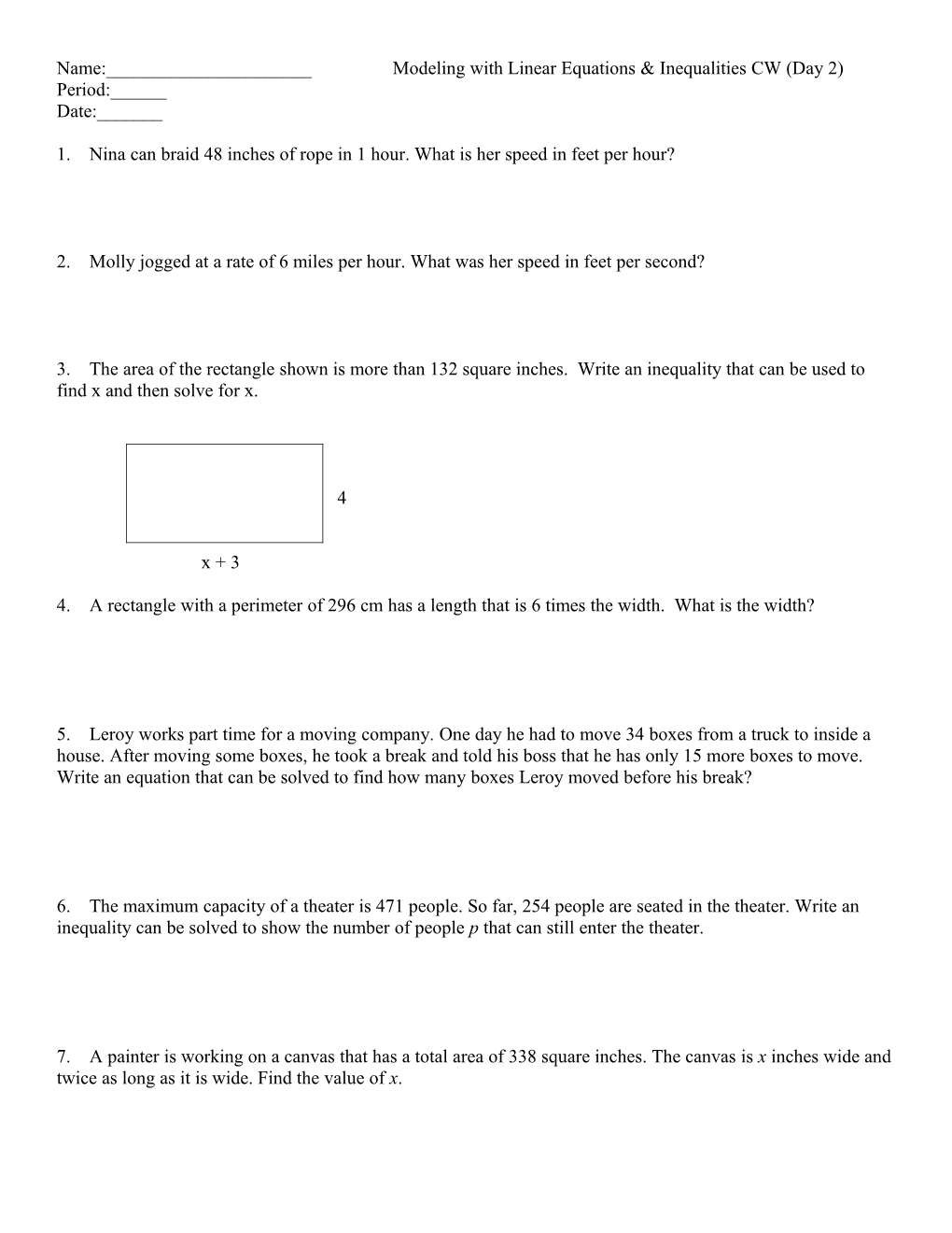 Name:______Modeling with Linear Equations & Inequalities CW (Day 2)