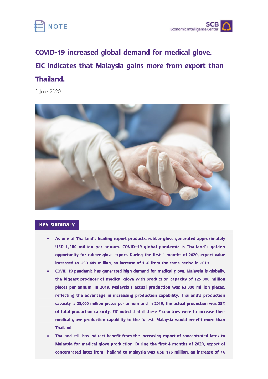 COVID-19 Increased Global Demand for Medical Glove. EIC Indicates That Malaysia Gains More from Export Than Thailand