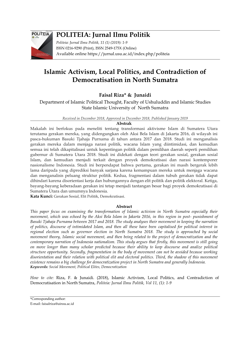 POLITEIA: Jurnal Ilmu Politik Islamic Activism, Local Politics, And