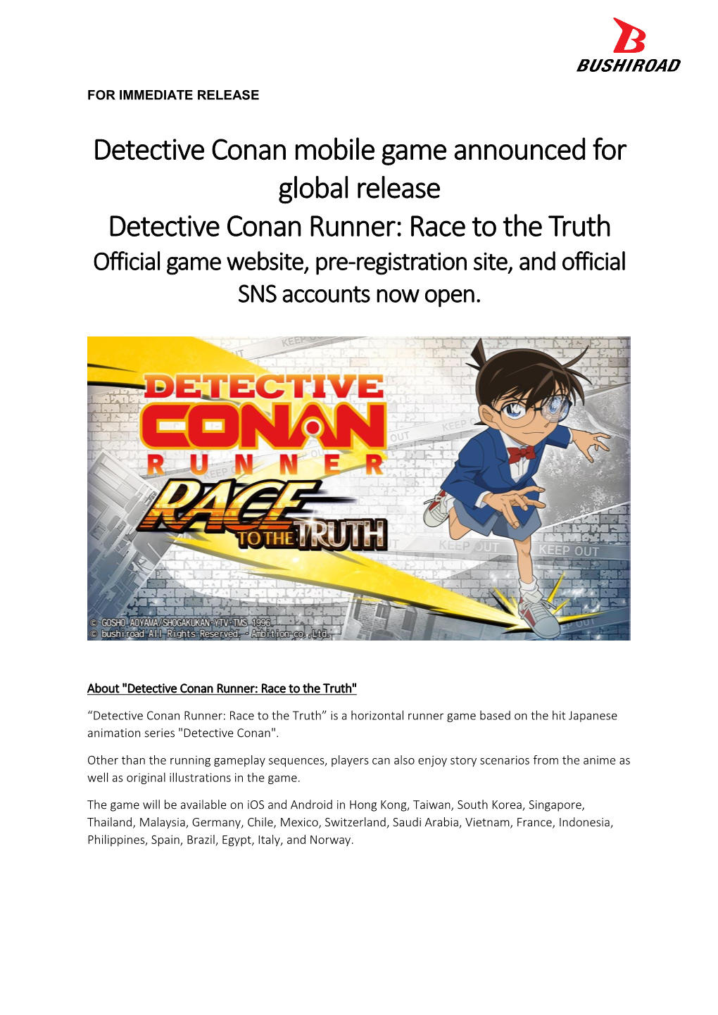 Detective Conan Runner: Race to the Truth Official Game Website, Pre-Registration Site, and Official SNS Accounts Now Open