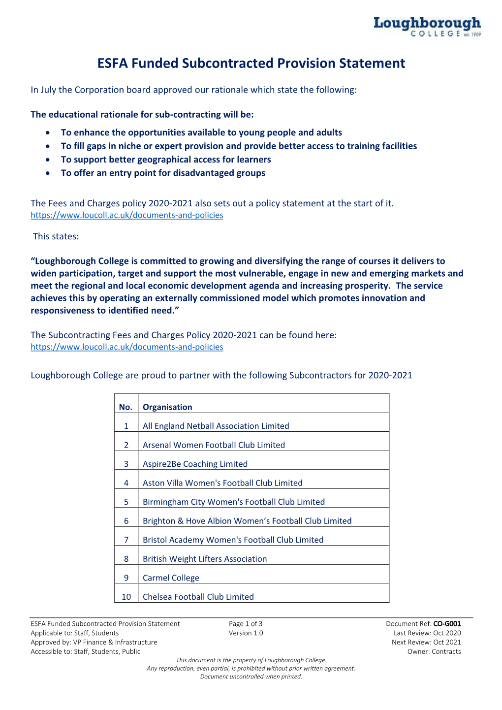 ESFA Funded Subcontracted Provision Statement