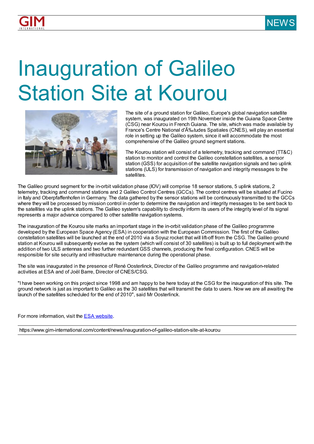 Inauguration of Galileo Station Site at Kourou
