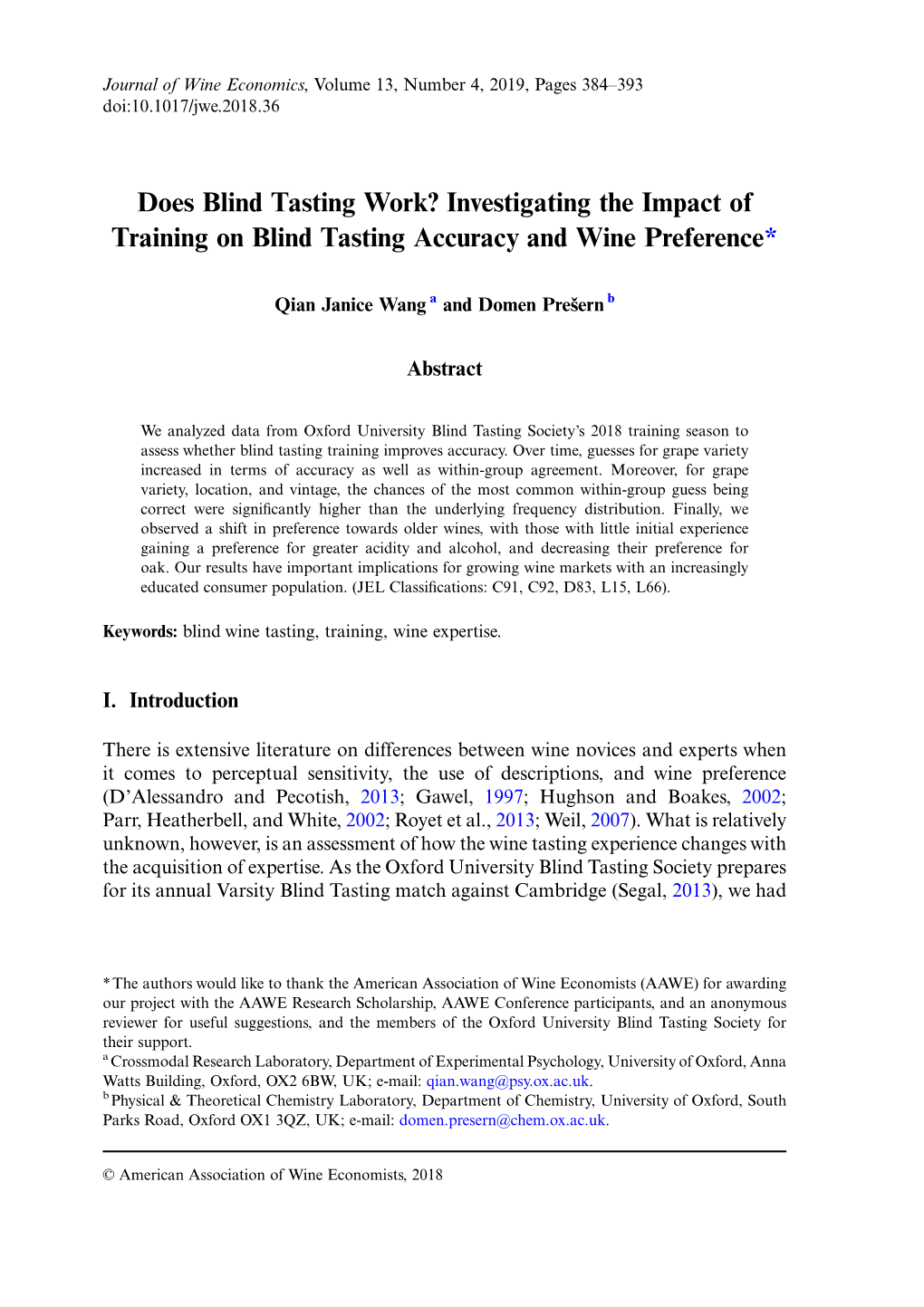 Does Blind Tasting Work? Investigating the Impact of Training on Blind Tasting Accuracy and Wine Preference*
