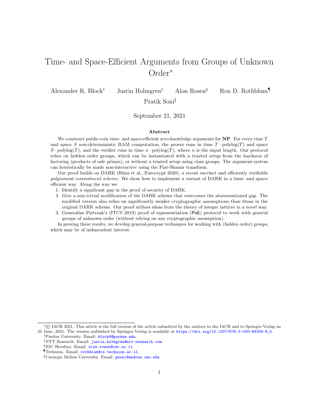 Time- and Space-Efficient Arguments from Groups of Unknown Order∗
