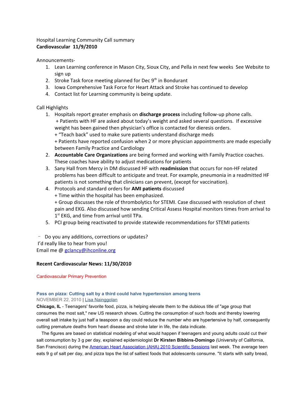 Hospital Learning Community Call Summary Cardiovascular 11/9/2010