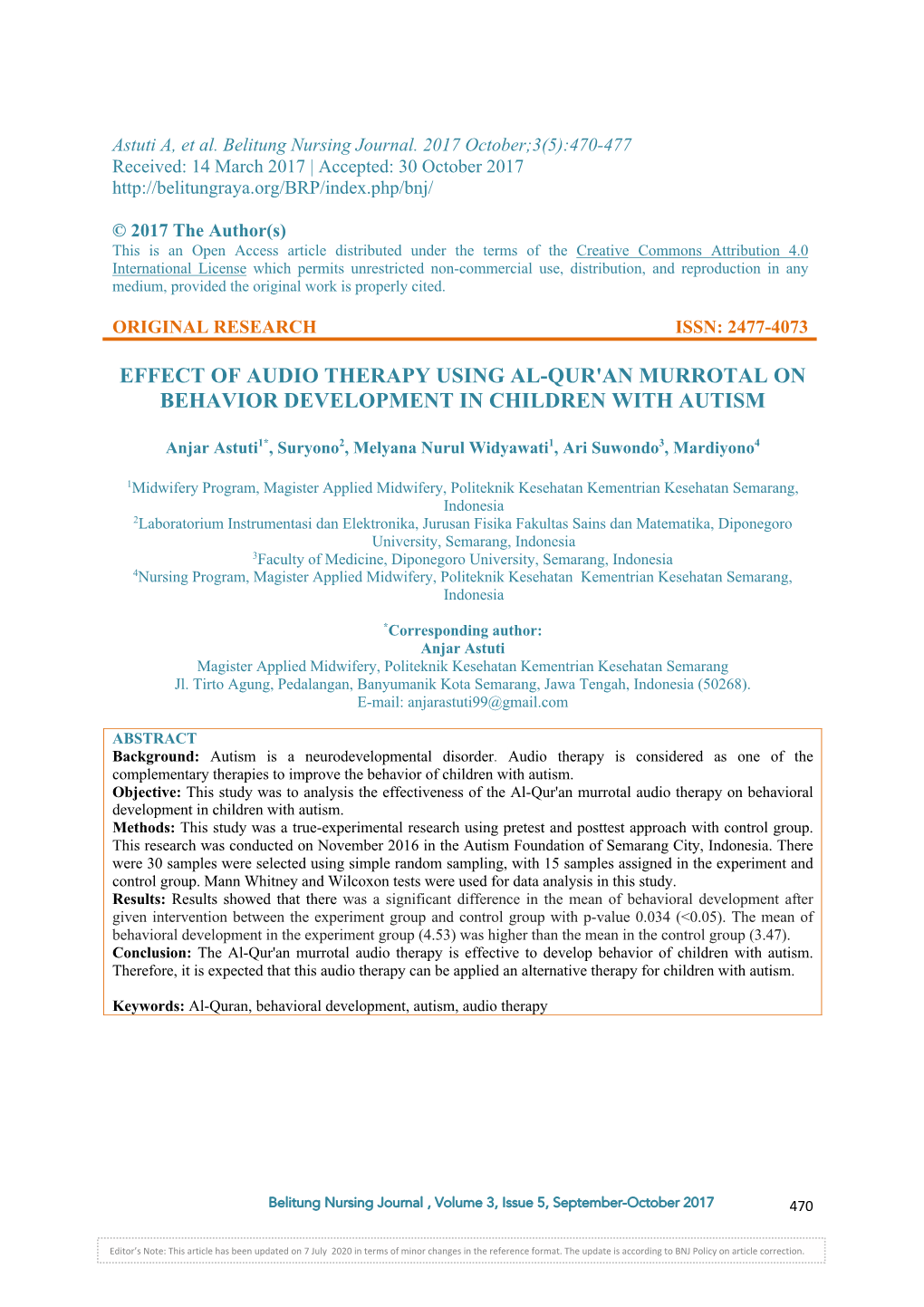 Effect of Audio Therapy Using Al-Qur'an Murrotal on Behavior Development in Children with Autism