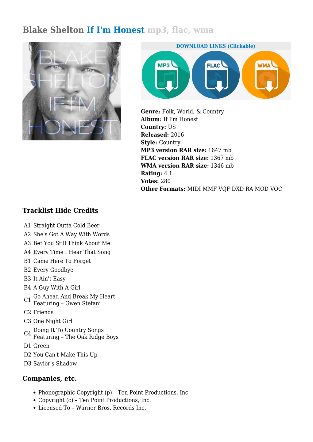 Blake Shelton If I'm Honest Mp3, Flac, Wma